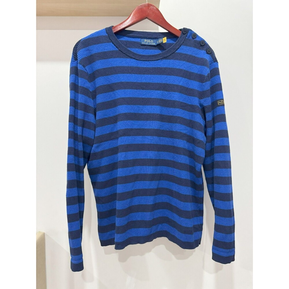 Polo Ralph Lauren Mens L Navy Blue Striped Rib Knit Cashmere Button Sweater Crew